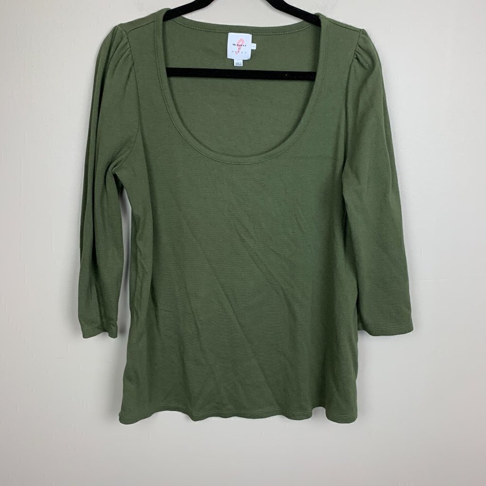 The Nines by Hatch Scoop Army Green Neck 3/4 Length Sleeve Ribbed Top Large